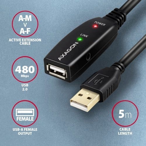 Axagon ADR-205 aktív hosszabbító USB 2.0, USB-A (M) > USB-A (F)- 5m, fekete