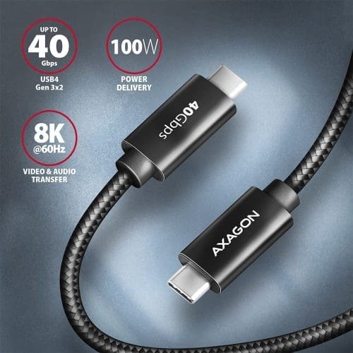 AXAGON BUCM432-CM10AB 100W USB-C <> USB-C 4 Gen 3x2 Cable 1m fekete