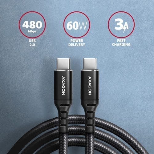 AXAGON BUCM-CM30AB HQ 60W USB-C <> USB-C Cable 3m fekete