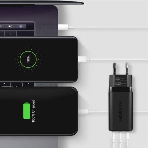 Hálózati töltő Axagon 2x USB-C, 1x USB-A, 65 W PD3.0/QC4+/PPS/Apple, fekete