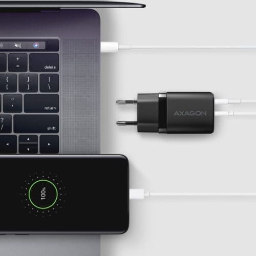 Hálózati töltő Axagon 1x USB-C és 1x USB-A, 30W PD3.0/QC3.0/AFC/Apple, fekete