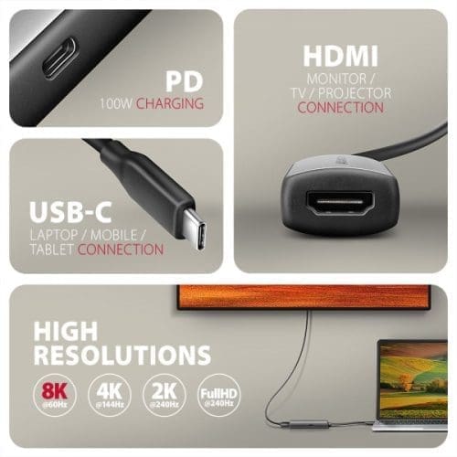Adapter Axagon RVC-HI8KPD USB-C > HDMI 2.1, 8k/60Hz, PD100W, HDR10+