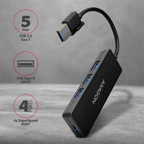 HUB AXAGON HUE-G1A Superspeed USB-A Slim Hub, 4x USB 3.0 - 15cm, fekete