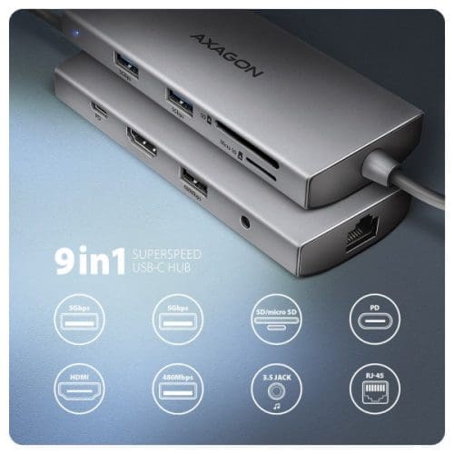 AXAGON HMC-8HLSA USB-C 5Gbps 9in1 hub