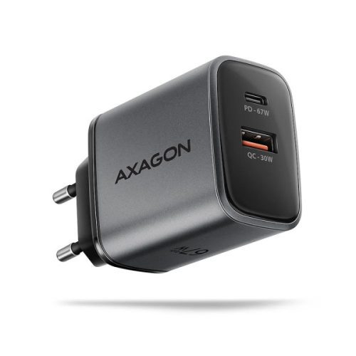AXAGON ACU-PQ67 GaN hálózati töltő, 2x port (USB + USB-C), PD3.0/QC4+/PPS/Apple, 67W, szürke