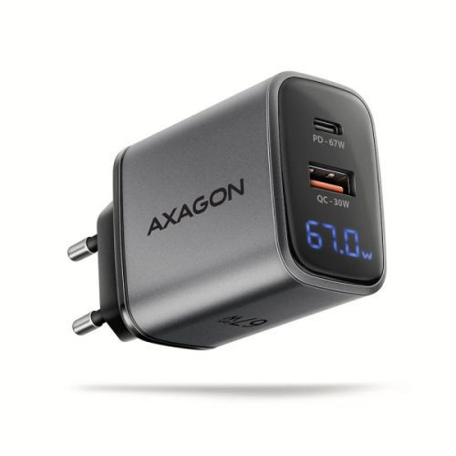 AXAGON ACU-PQ67D GaN hálózati töltő, 2xport (USB + USB-C), PD3.0/QC4+/PPS/Apple, 67W, LED kijelző