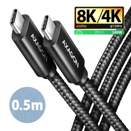 AXAGON BUCM4X-CM05AB kábel USB-C <> USB-C, USB4 Gen 3×2, 0.5m, PD240W, 8K HD, ALU, fonott, fekete