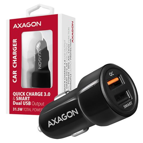 Autós töltő Axagon PWC-QC5 USB Type-A 2 port QuickCharge + SmartCharge 31,5W Fekete